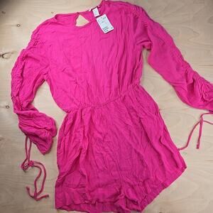 H&M Romper Womens sz 6 Pink Crinkle Open Back Long Drawstring Sleeve Shorts NWT